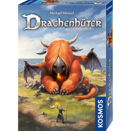 Spielschachtel von Drachenhüter mit einem großen, orangefarbenen Drachenwesen und einem Zauberer auf dem Cover.