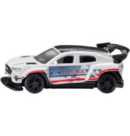 Weißer Spielzeugrennwagen mit schwarzen Details, roten und blauen Streifen sowie großem Heckspoiler, Seitenansicht.