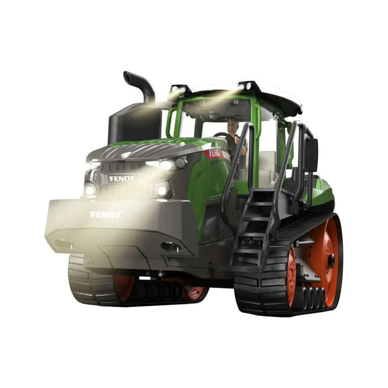 Illustration eines grünen Fendt-Traktors mit eingeschaltetem Licht, breiten Raupen und sichtbarem Fahrer.