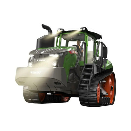 Illustration eines grünen Fendt-Traktors mit eingeschaltetem Licht, breiten Raupen und sichtbarem Fahrer.
