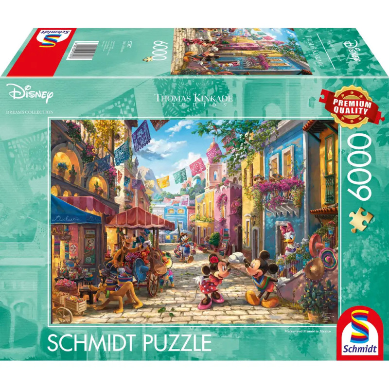Schmidt Puzzle, 6000 Teile, zeigt Disney-Figuren in einer lebendigen, farbenfrohen Dorfszene.