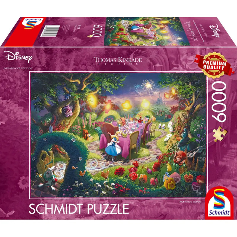 Schmidt-Puzzle, 6000 Teile: Disney Alice im Wunderland bei einer bunten Teeparty auf der Box abgebildet. Schmidt-Puzzle, 6000 Teile: Disney Alice im Wunderland bei einer bunten Teeparty auf der Box abgebildet.