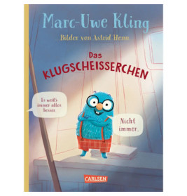 Buchcover von Das Klugscheisserchen mit blauem, pelzigem Wesen, das Brille und rote Shorts trägt und spricht.