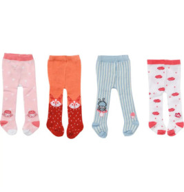 Vier bunte Kinderstrumpfhosen mit Tier- und Wolkenmotiven nebeneinander ausgelegt.