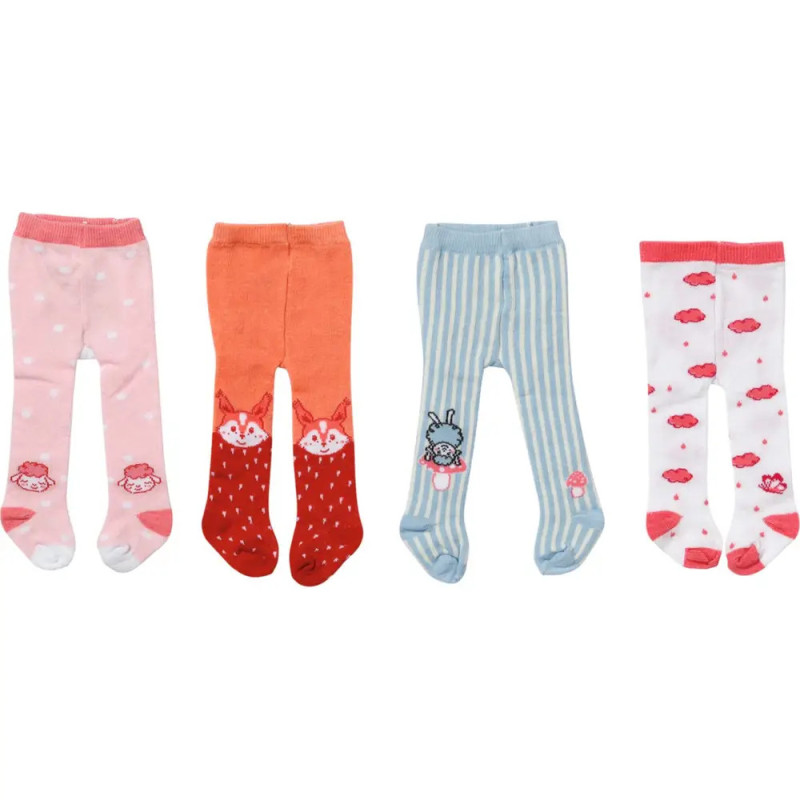 Vier bunte Kinderstrumpfhosen mit Tier- und Wolkenmotiven nebeneinander ausgelegt.