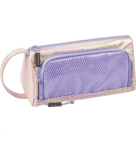 Irisierende, lavendelfarbene Tasche mit Netz-Frontfach, Reißverschluss und seitlichem Tragegriff.