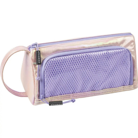 Irisierende, lavendelfarbene Tasche mit Netz-Frontfach, Reißverschluss und seitlichem Tragegriff.
