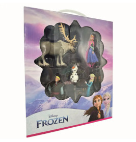 Disney Frozen Figurenset im Karton mit Elsa, Anna, Kristoff, Sven und Olaf vor verschneitem Hintergrund.