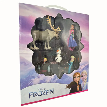 Disney Frozen Figurenset im Karton mit Elsa, Anna, Kristoff, Sven und Olaf vor verschneitem Hintergrund.