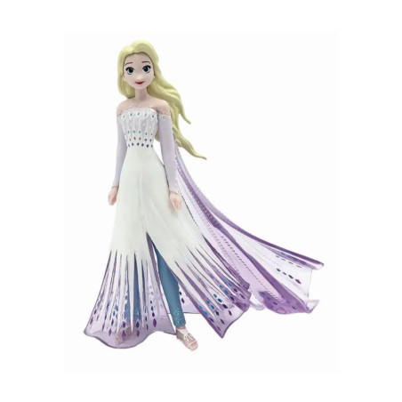 Puppe mit langen blonden Haaren, weiß-lila Kleid, Umhang und blauer Leggings.