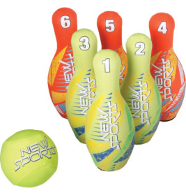 Sechs bunte, weiche Bowlingkegel mit den Nummern 1-6 und ein passender Ball mit der Aufschrift NEW SPORTS.