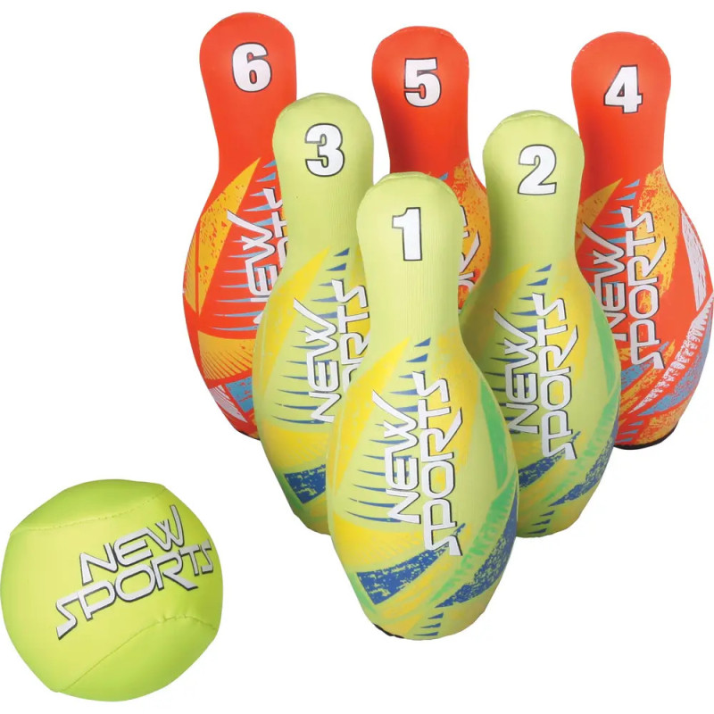 Sechs bunte, weiche Bowlingkegel mit den Nummern 1-6 und ein passender Ball mit der Aufschrift NEW SPORTS. Sechs bunte, weiche Bowlingkegel mit den Nummern 1-6 und ein passender Ball mit der Aufschrift NEW SPORTS.