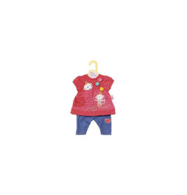 Rotes Baby-Kleid mit weißen Punkten und Cartoon-Print, blaue Leggings und Bügel auf weißem Hintergrund.
