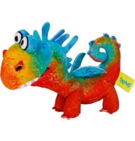 Bunter Plüschdrache mit großen Augen, blauen Flügeln und gelbem Anhänger mit der Aufschrift TORRUPS.