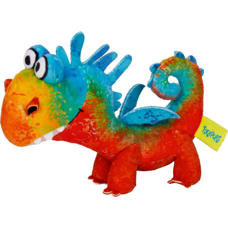 Bunter Plüschdrache mit großen Augen, blauen Flügeln und gelbem Anhänger mit der Aufschrift TORRUPS.