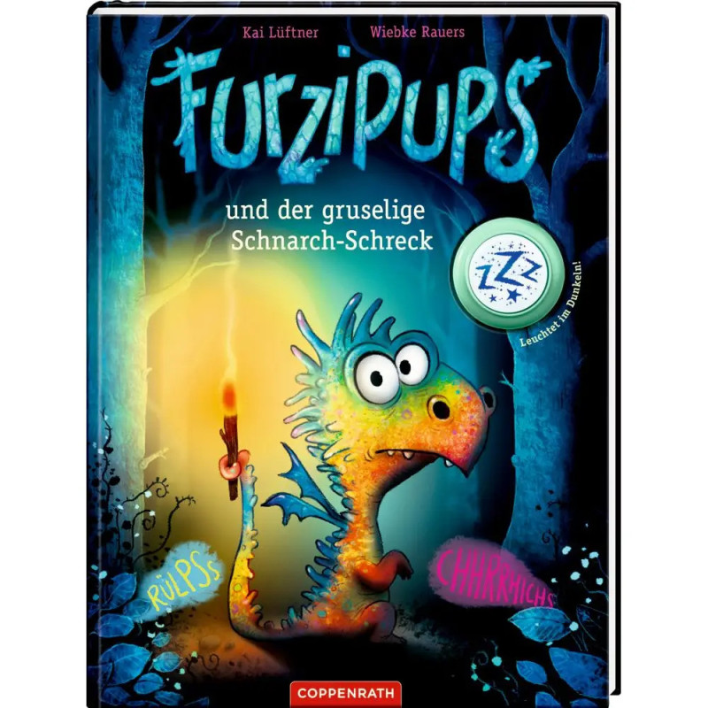 Ein blauer Drache mit grünen Stacheln steht im dunklen Wald auf dem Cover eines deutschen Kinderbuchs. Ein blauer Drache mit grünen Stacheln steht im dunklen Wald auf dem Cover eines deutschen Kinderbuchs.