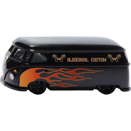 Schwarzer Van-Spielzeugbus mit orangen Flammen und OLDSCHOOL CUSTOM-Schriftzug, im klassischen VW-Stil.