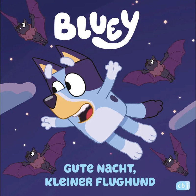 Bluey schwebt nachts fröhlich zwischen Fledermäusen. Text: Gute Nacht, kleiner Flughund.