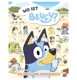 Bluey denkt am vollen Strand, während andere Tiere spielen. Deutscher Text steht oben im Bild.