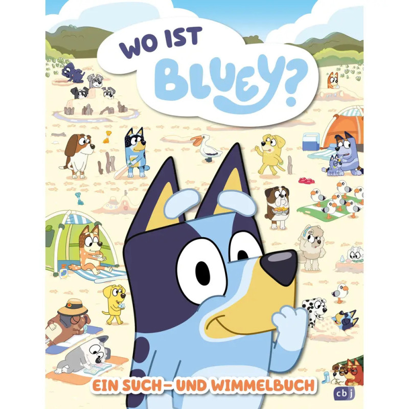 Bluey denkt am vollen Strand, während andere Tiere spielen. Deutscher Text steht oben im Bild.