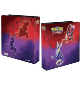 Zwei Pokémon-Sammelkarten-Ordner mit roten und violetten Sechsecken und Pokémon-Motiven auf dem Cover.