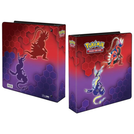 Zwei Pokémon-Sammelkarten-Ordner mit roten und violetten Sechsecken und Pokémon-Motiven auf dem Cover. Zwei Pokémon-Sammelkarten-Ordner mit roten und violetten Sechsecken und Pokémon-Motiven auf dem Cover.