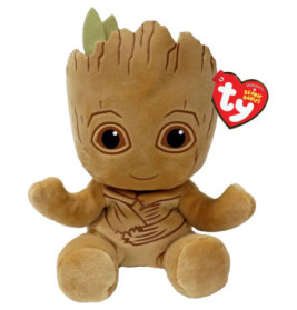 Plüschfigur von Groot aus Guardians of the Galaxy mit großen Augen und einem Ty Beanie Babies Anhänger am Ohr.
