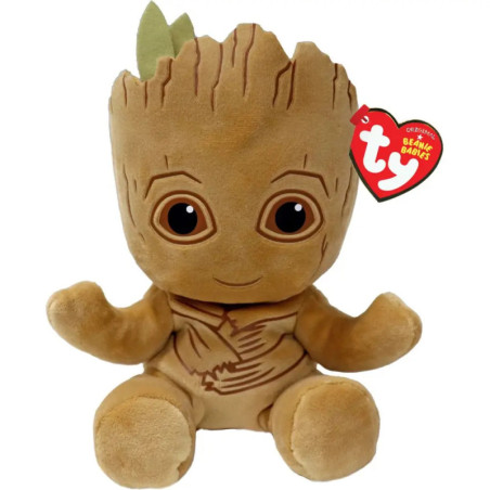 Plüschfigur von Groot aus Guardians of the Galaxy mit großen Augen und einem Ty Beanie Babies Anhänger am Ohr.