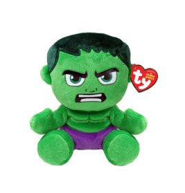 Grünes Hulk-Plüschtier mit lila Shorts, wütendem Gesicht und rotem Ty-Anhänger am Ohr.