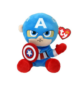 Ein Captain America TY Beanie Baby mit Schild im blauen Anzug und weißem A auf dem Kopf.