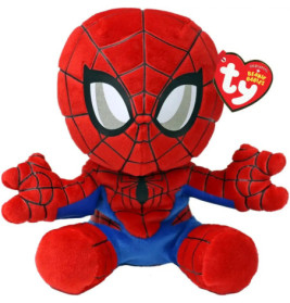 Plüsch-Spiderman Beanie Baby mit großen Augen, rot-blauem Anzug und Ty-Label am Ohr.