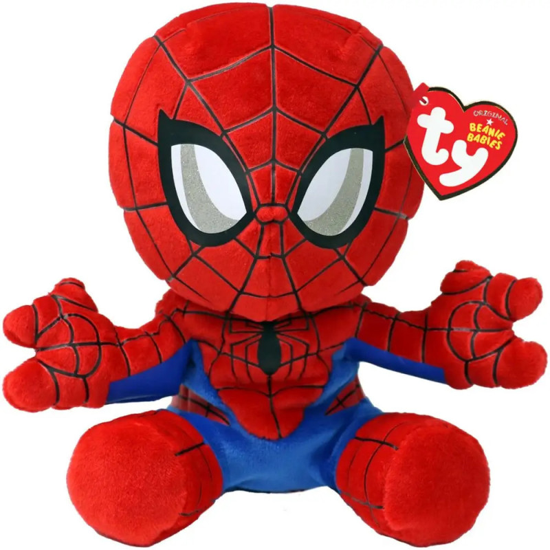 Plüsch-Spiderman Beanie Baby mit großen Augen, rot-blauem Anzug und Ty-Label am Ohr.