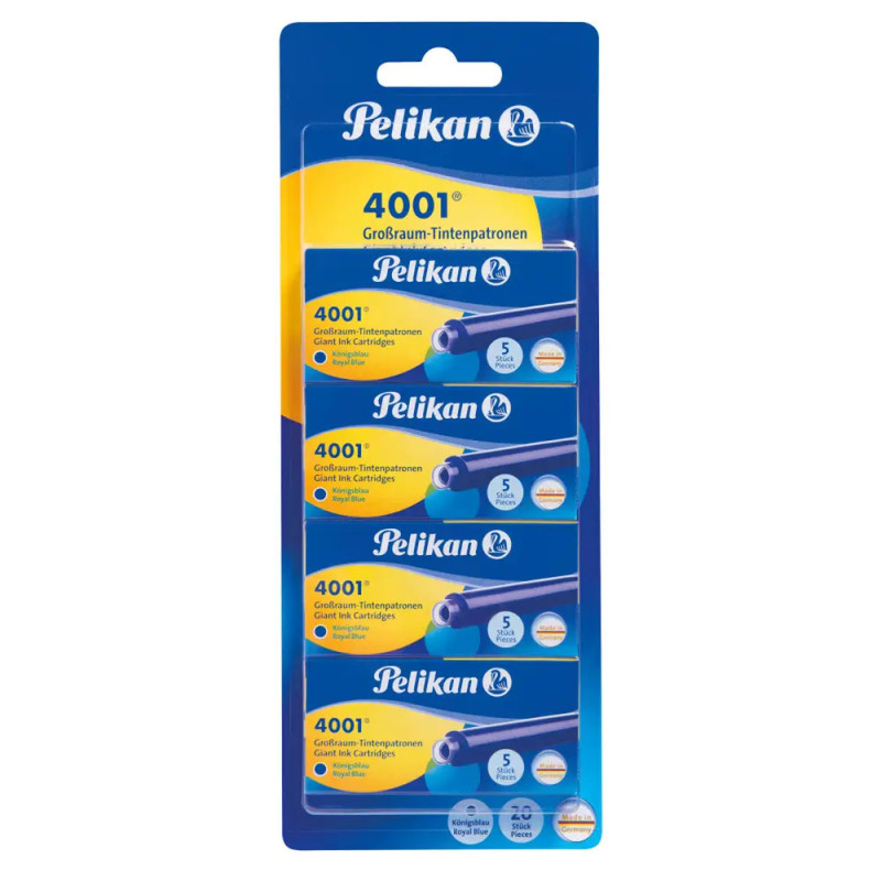 Pelikan 4001 Tintenpatronen, 5er-Pack, in blauer und gelber Verpackung.