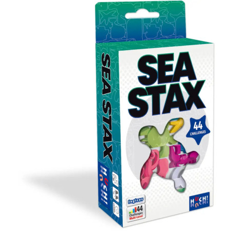 Schachtel des Spiels Sea Stax mit bunten Meerestier-Formen und dem Hinweis auf 44 Herausforderungen vorne.