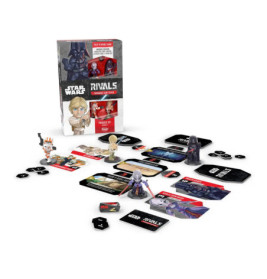 Star Wars: Rivals Kartenspiel mit Spielkarten, Spielsteinen, Charakterfiguren und Box ist ausgestellt.