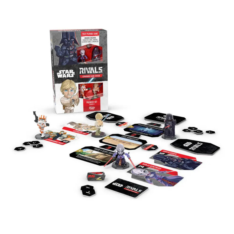 Star Wars: Rivals Kartenspiel mit Spielkarten, Spielsteinen, Charakterfiguren und Box ist ausgestellt. Star Wars: Rivals Kartenspiel mit Spielkarten, Spielsteinen, Charakterfiguren und Box ist ausgestellt.