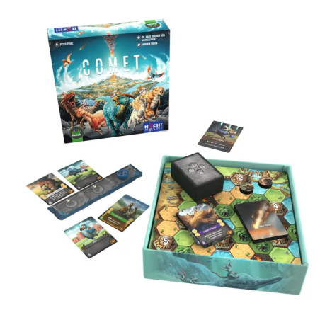 Comet-Brettspiel mit Schachtel, illustrierten Karten, Spielmarken und hexagonalen Spielplättchen aufgebaut.