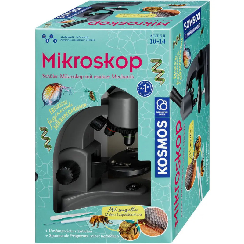 Kosmos Schülermikroskop-Set (10-14 Jahre) mit Abbildungen von Mikroorganismen und Zellen auf der Verpackung.