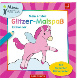 Ein pinkes Einhorn mit Flügeln auf dem Cover eines Malbuchs: Mein erster Glitzer-Malspaß Einhörner.