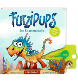 Bunte Drache auf einem Kinderbuchcover, grünes Gas und Puuupss-Text kommen aus seinem Hinterteil.