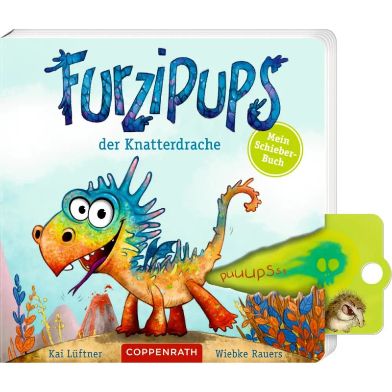 Bunte Drache auf einem Kinderbuchcover, grünes Gas und Puuupss-Text kommen aus seinem Hinterteil.