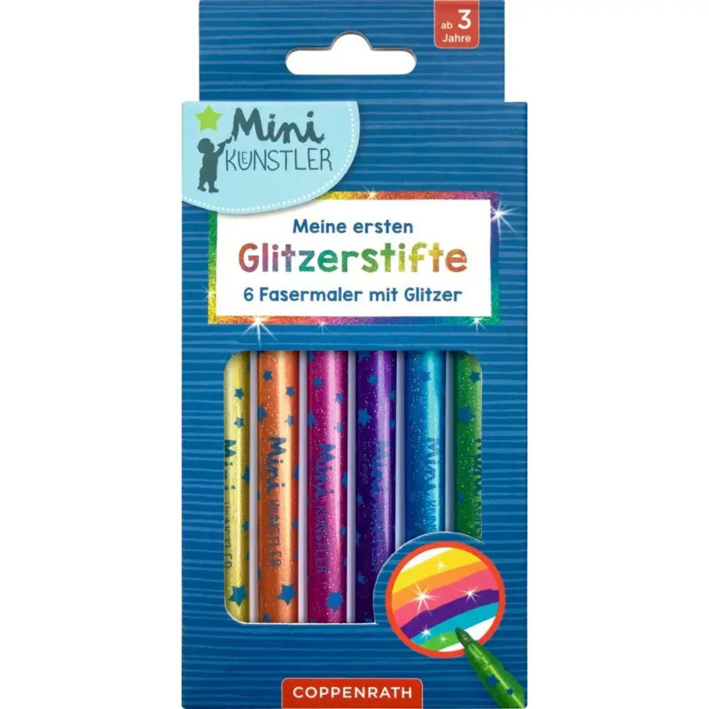 Schachtel mit sechs bunten Glitzerstiften für Kinder, Aufschrift: Meine ersten Glitzerstifte.