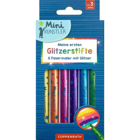 Schachtel mit sechs bunten Glitzerstiften für Kinder, Aufschrift: Meine ersten Glitzerstifte.
