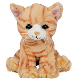 Ein Plüsch-Stofftier in Form einer orangefarbenen getigerten Katze sitzt aufrecht und blickt nach vorne.