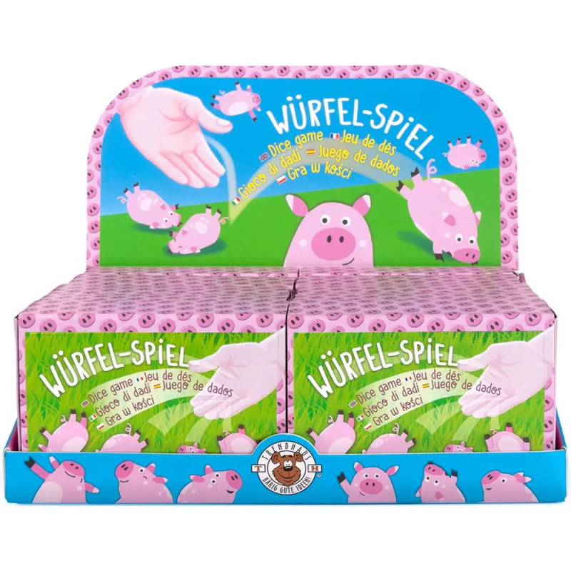 Würfel-Spiel: Karton mit Comic-Schweinen, Gras und blauem Hintergrund, darauf eine Hand beim Würfeln.
