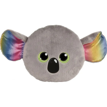 Rundes Plüsch-Koala mit großen grünen Augen und regenbogenfarbenen Ohren, nach vorne gerichtet.