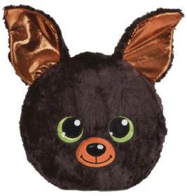 Plüschfigur mit glänzenden orangen Ohren, großen grünen Augen und lächelndem Gesicht auf rundem, braunem Fellkopf.