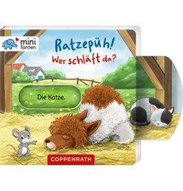 Eine Maus, ein Schaf und eine schlafende Katze in einer Scheune, illustriert für ein deutsches Kinderbuch.