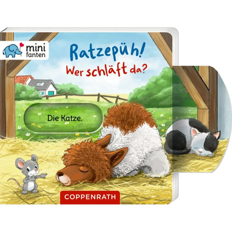 Eine Maus, ein Schaf und eine schlafende Katze in einer Scheune, illustriert für ein deutsches Kinderbuch.