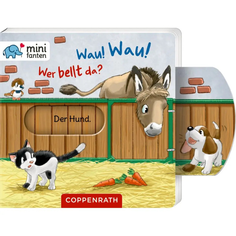 Illustriertes Buchcover: Esel, Katze, Hund und Karotten im Zaun deutscher Text, Coppenrath-Logo.